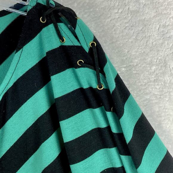 Rampage Womens M Kelly Green Black Striped Y2K Emo Lace Up Top Blouse Goth - Picture 2 of 9